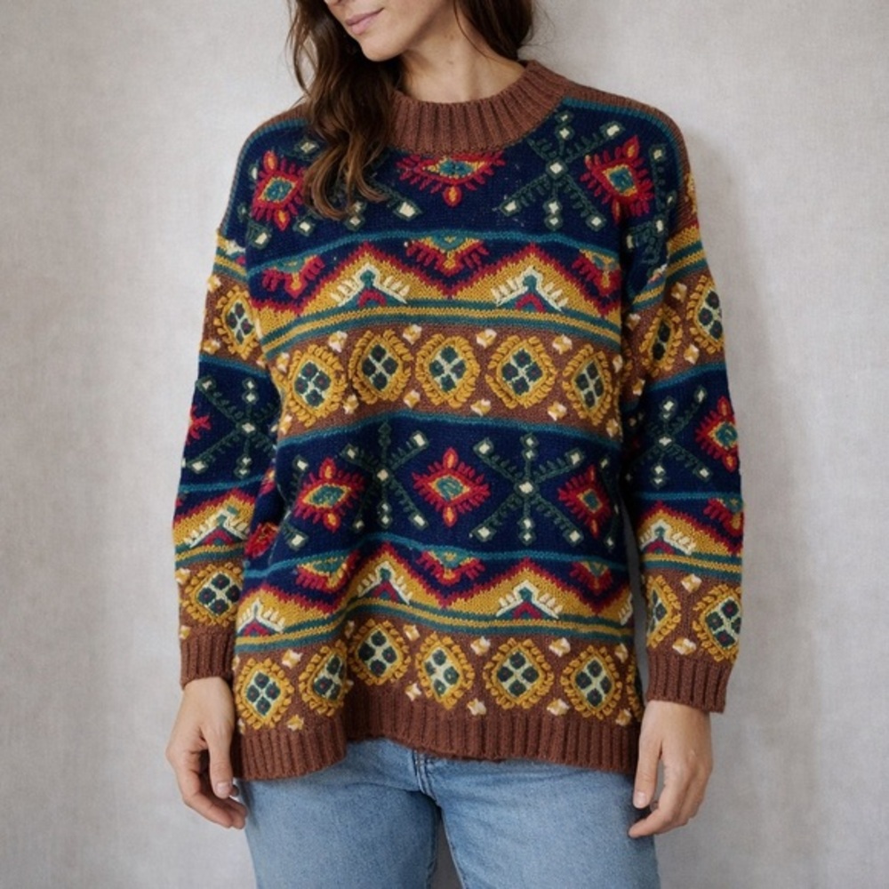Vintage Paul Harris Brown Navy‎ Boho Folk Tapestry Knit Sweater Small Indie 90s